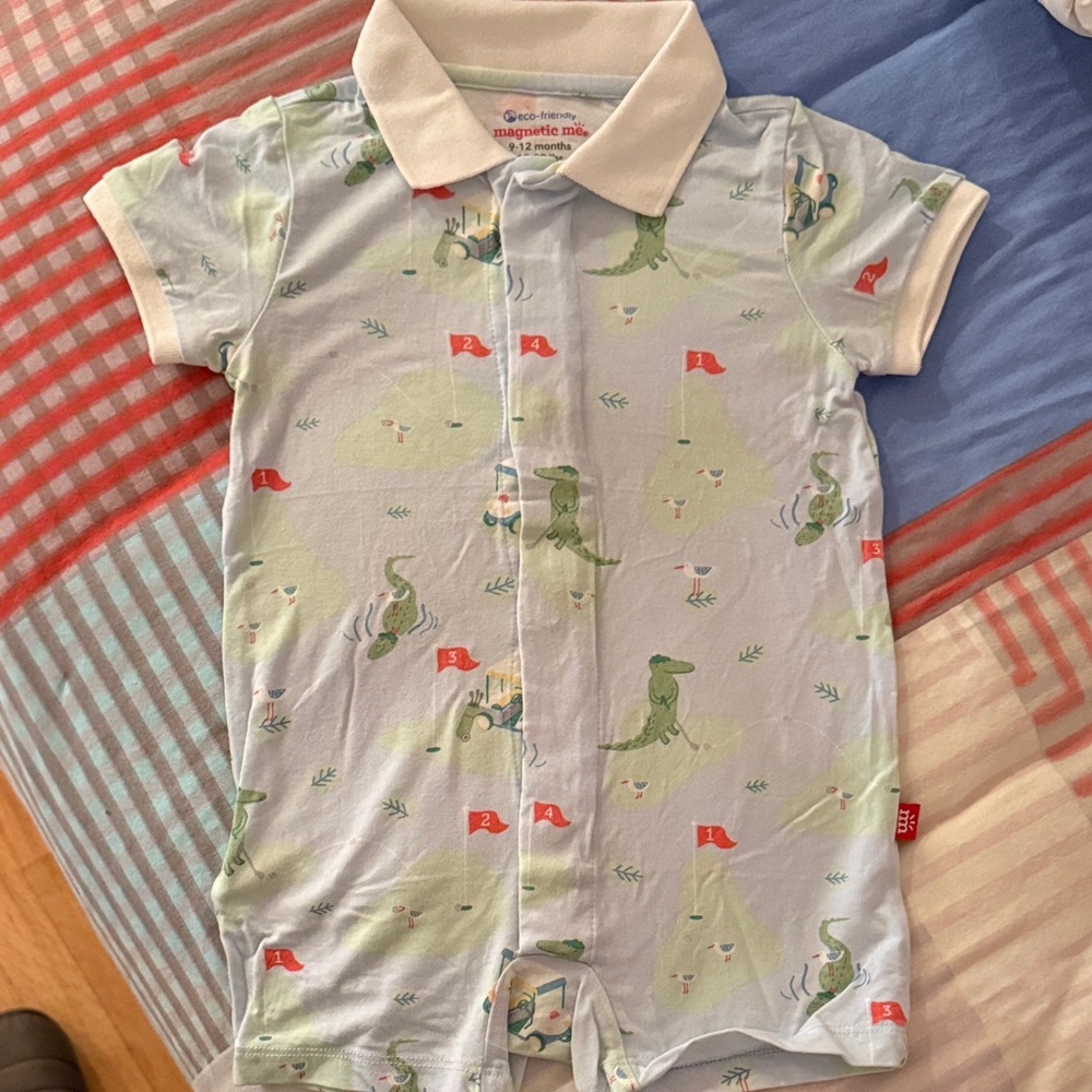 Magnetic Me Polo Romper with Green Alligator Golf Print NWOT